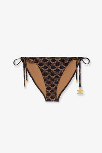 Celine women’s jersey bikini bottom in brown featuring black and gold c monogram pattern with tan side panels and metallic hardware