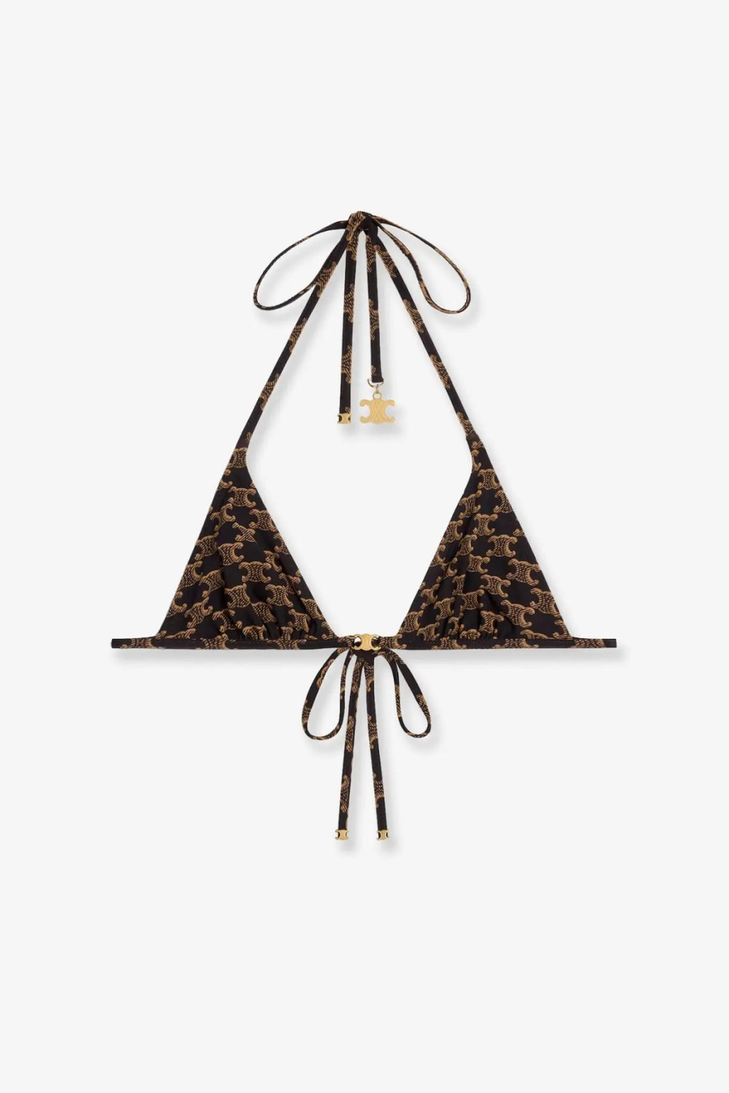 Celine women’s brown jersey halter top bikini with black gold logo pattern and adjustable neck and waist ties