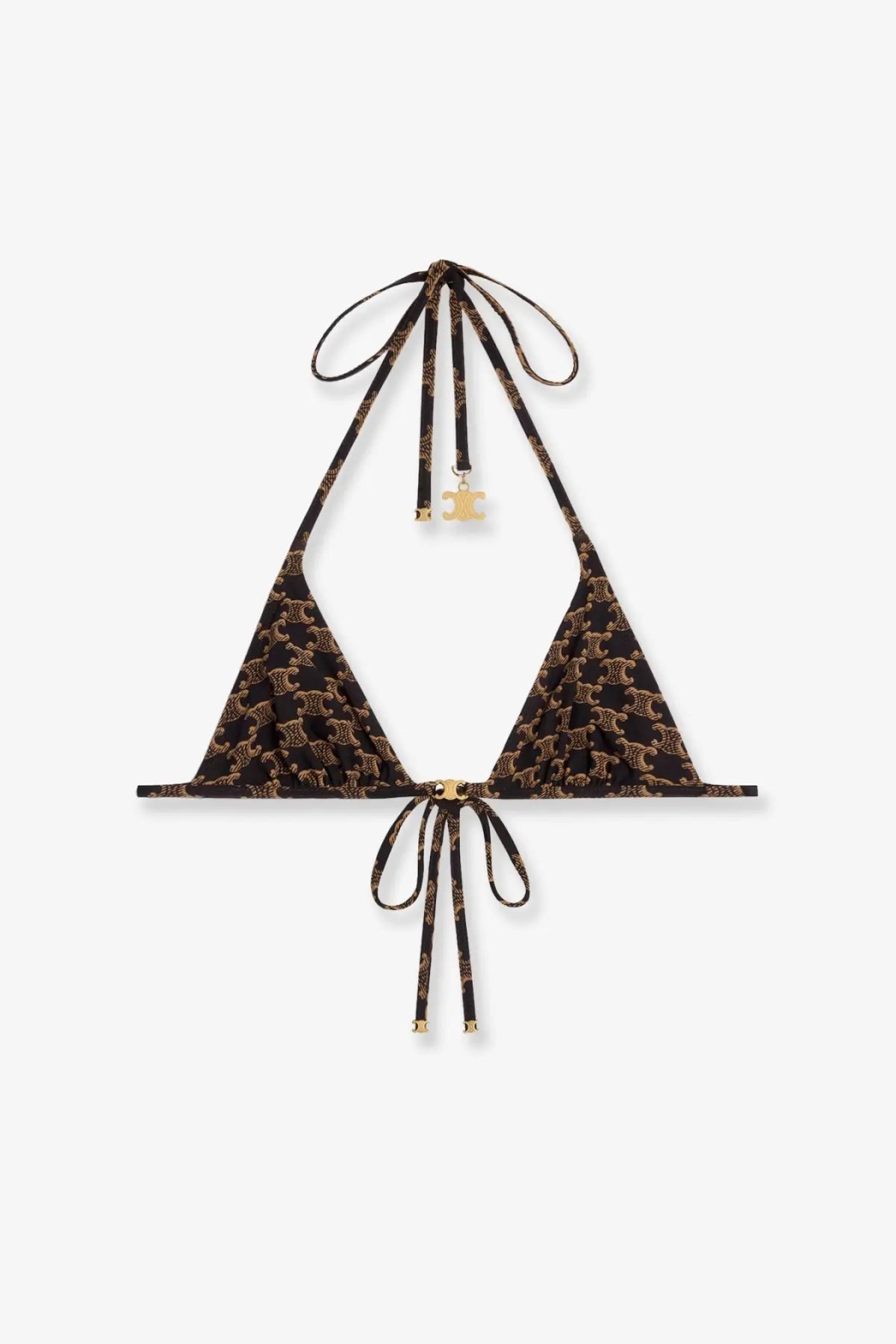 Celine women’s brown jersey halter top bikini with black and gold patterned adjustable neck and waist ties