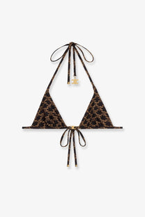Celine women’s brown jersey halter top bikini with black and gold patterned adjustable neck and waist ties