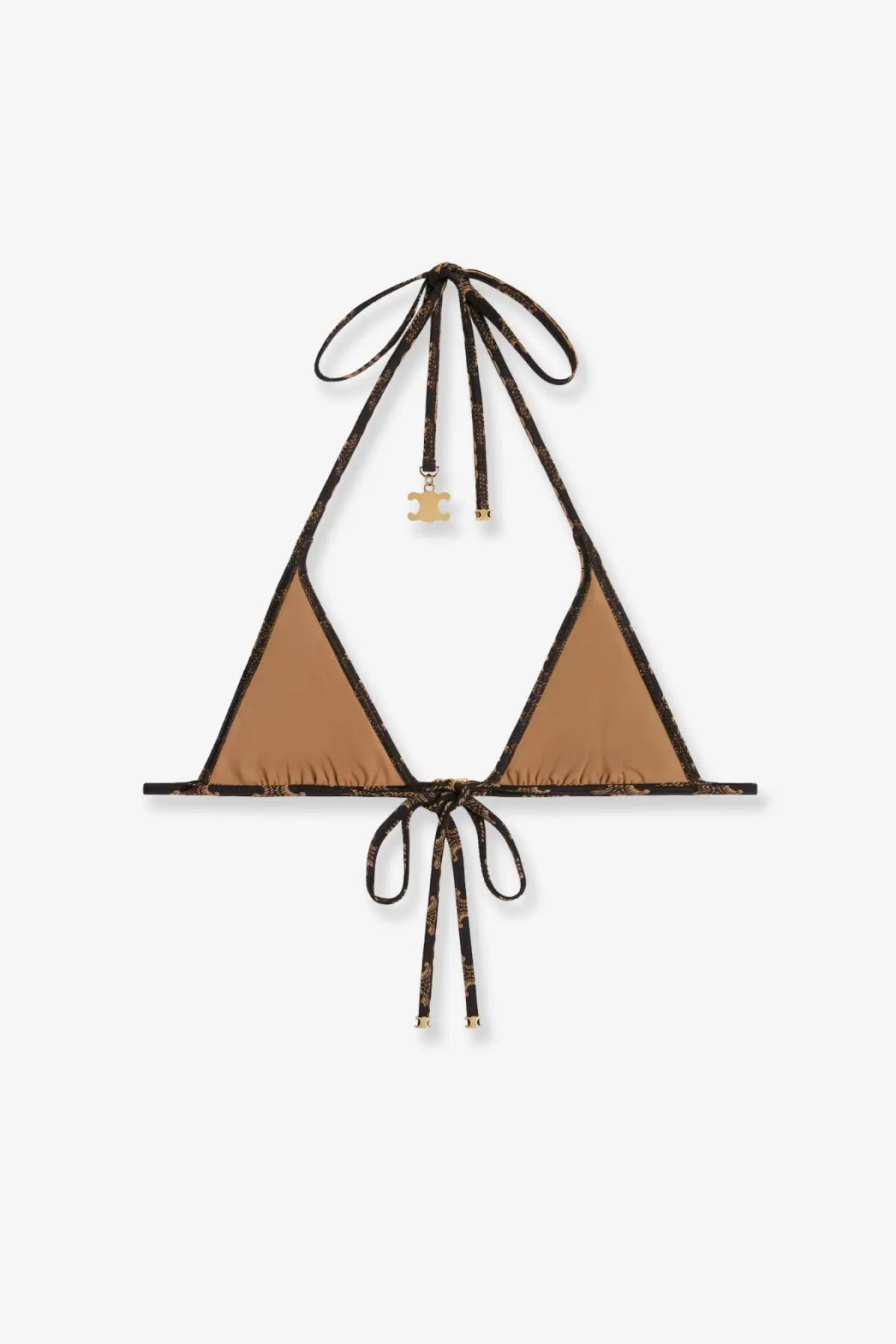 Celine women’s brown jersey triangle halter bikini top with tan color, black patterned trim, and gold-tone t-logo charm
