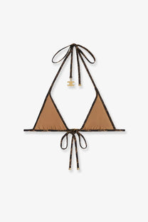 Celine women’s brown jersey triangle halter bikini top with tan color, black patterned trim, and gold-tone t-logo charm