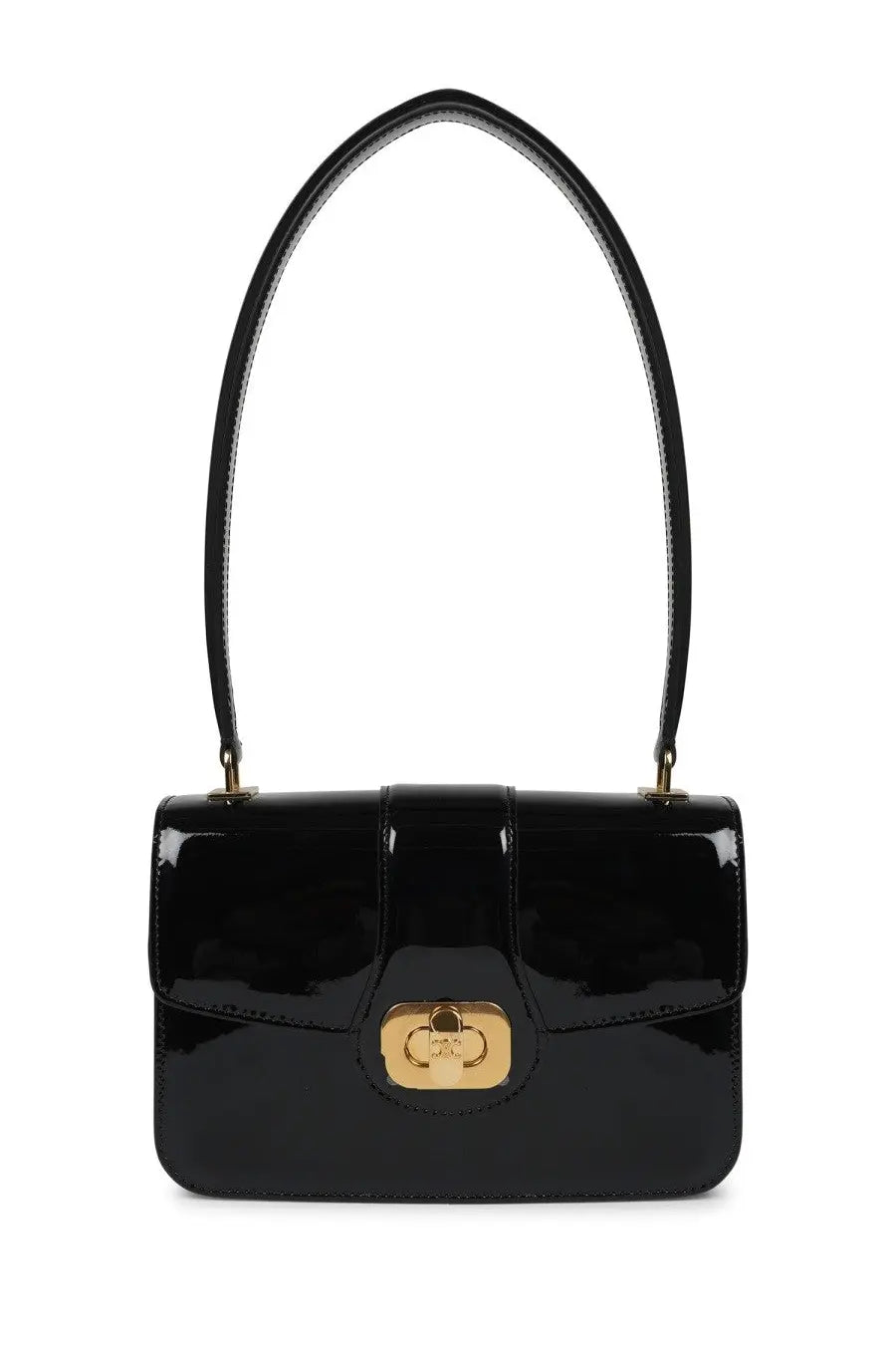 Celine women’s Josephine bag black patent leather with gold-tone clasp and curved top handle visible from front