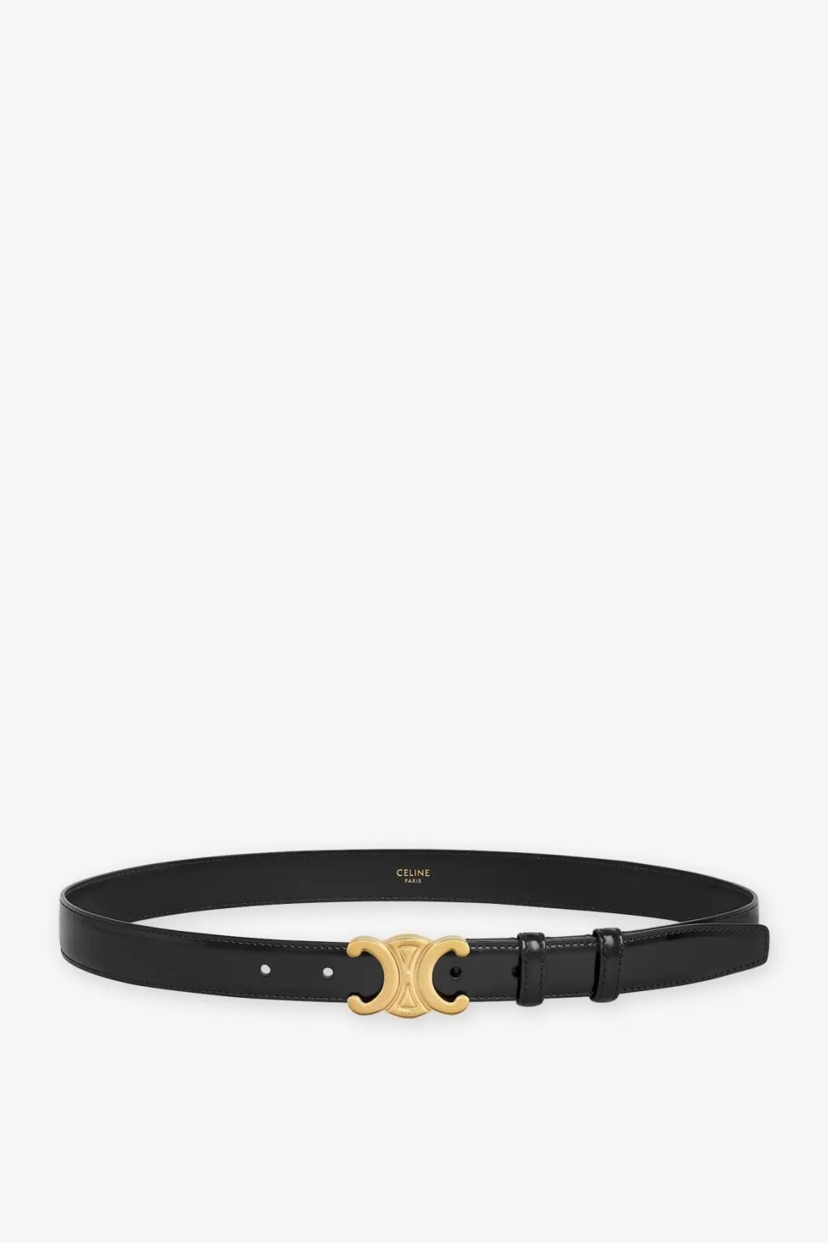 Black Celine patent leather belt with gold interlocking C buckle