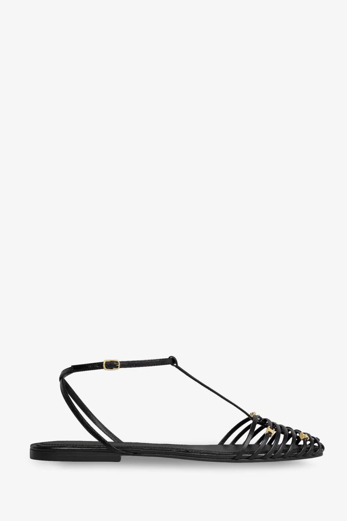 Celine women’s black leather flat sandal with t-strap woven toe detail and gold-tone hardware accents
