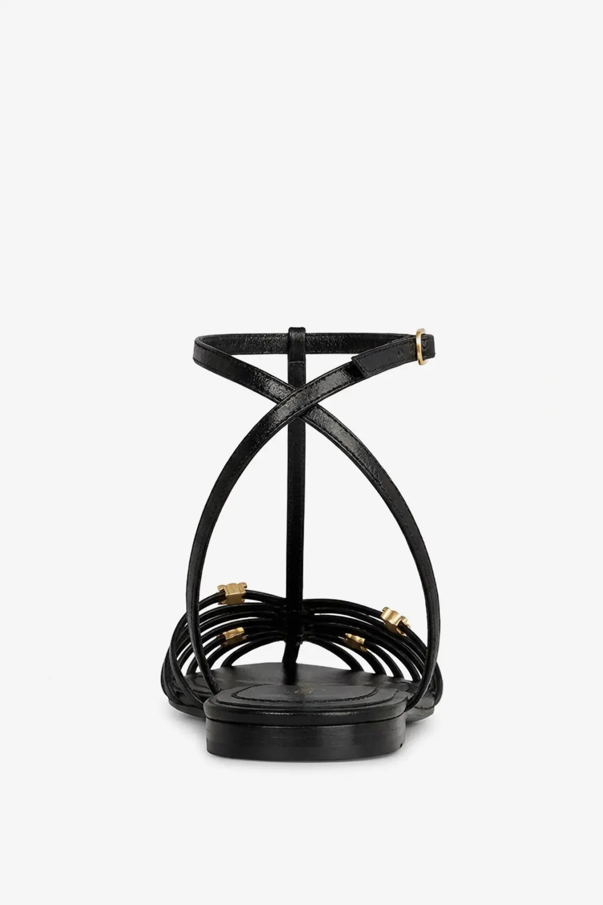 Celine women’s black leather cage sandals with strappy design and gold-tone hardware accents