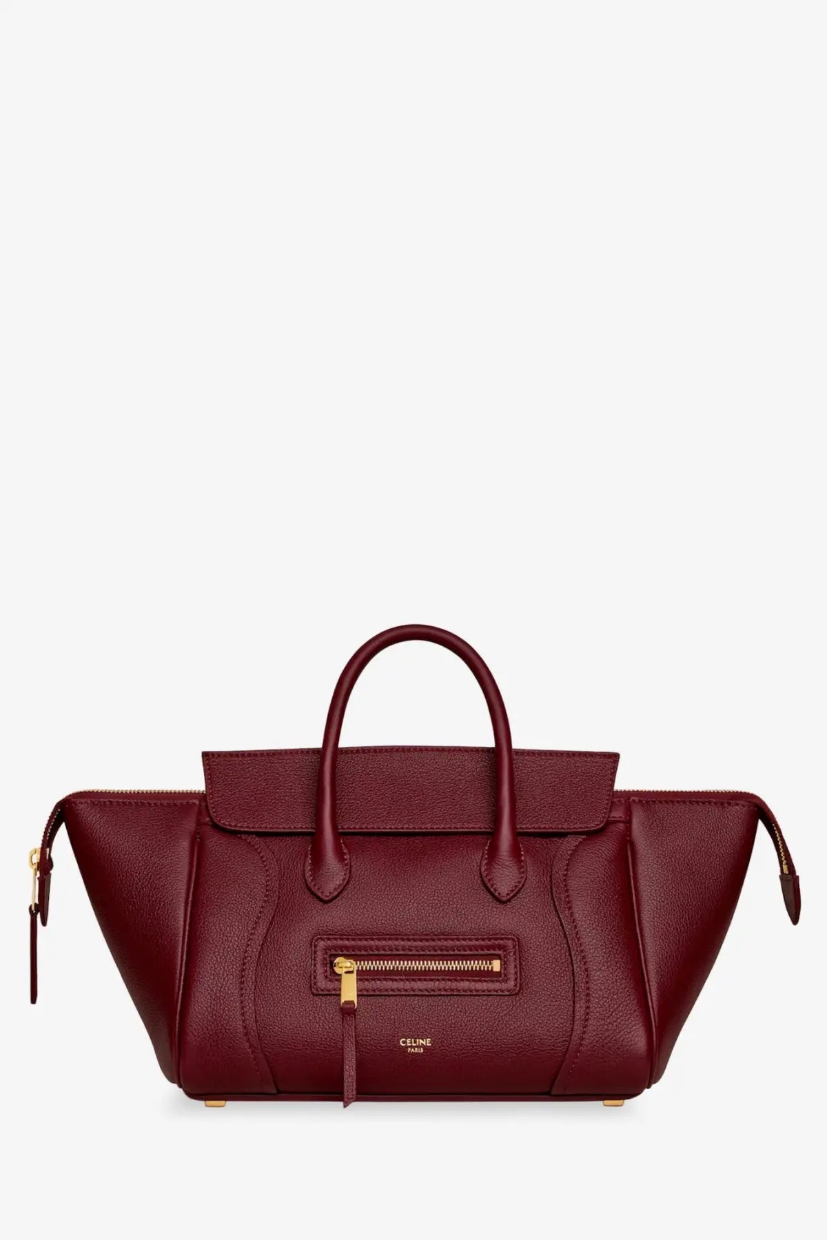 Burgundy leather celine classic small bag with gold-tone hardware and top handles for women