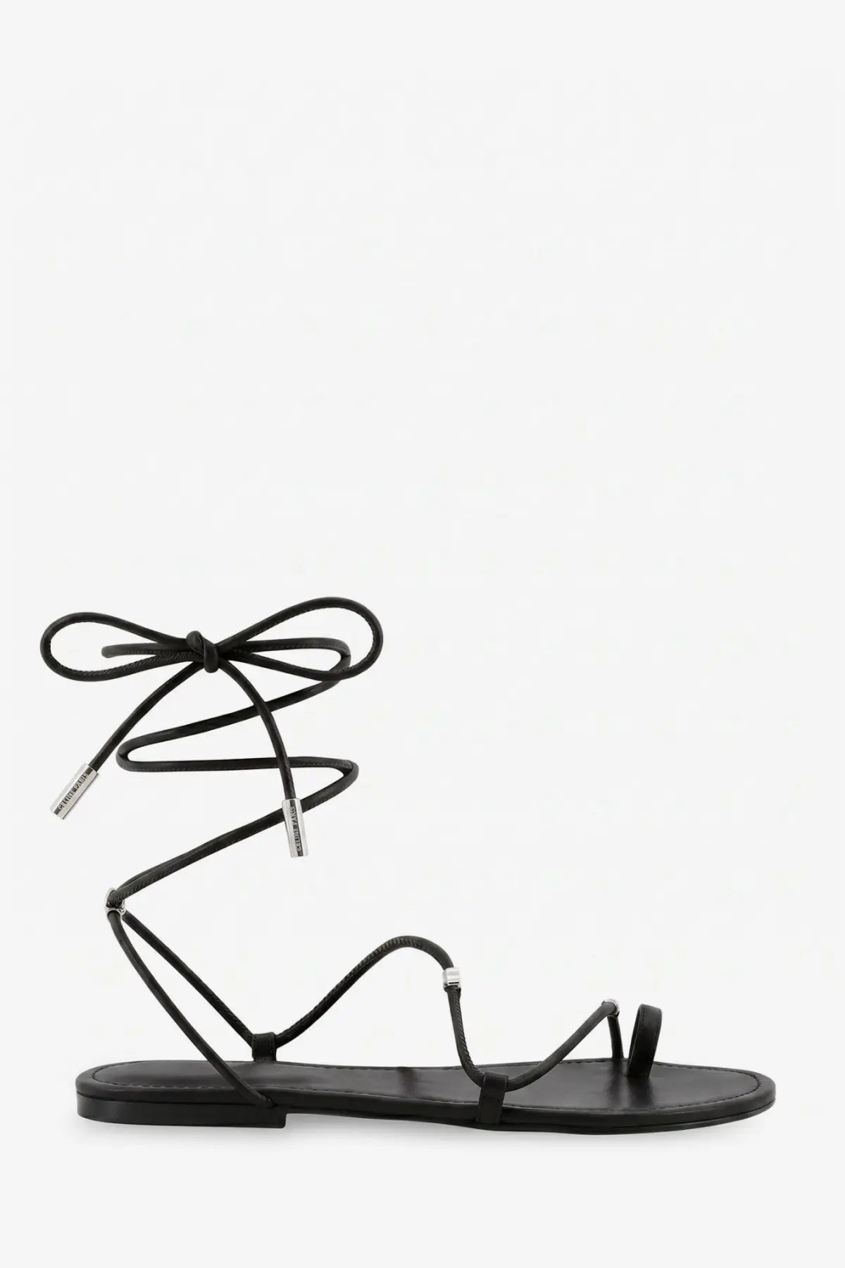 Celine women’s black leather lace-up sandal with silver-toned metal accents front view