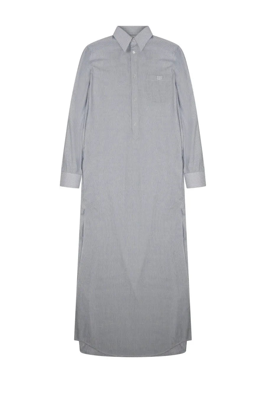 Celine women’s long shirt dress grey with subtle vertical stripes and a classic button-up collar in light gray