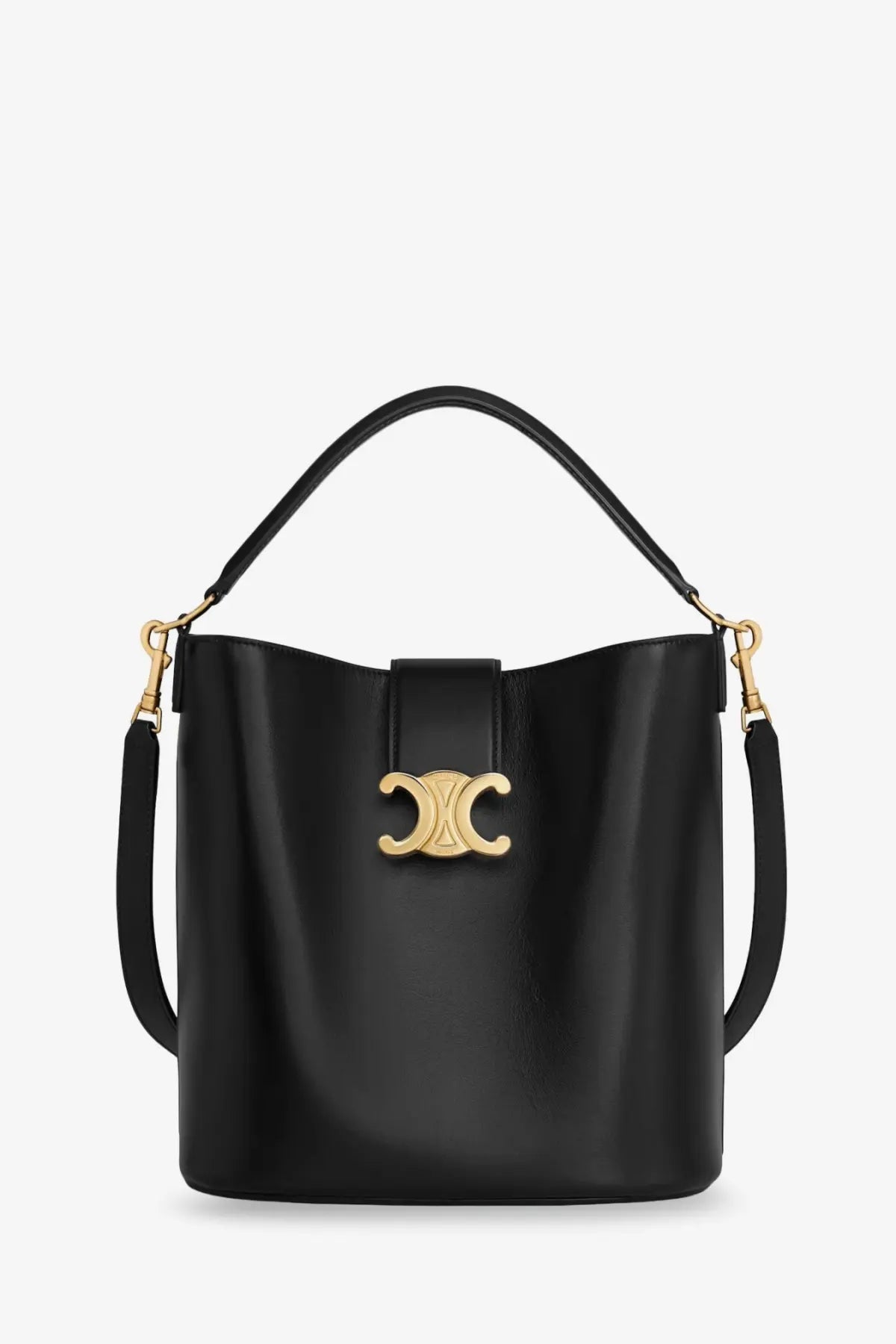 Celine womens Louise medium bucket bag black leather with gold cc clasp