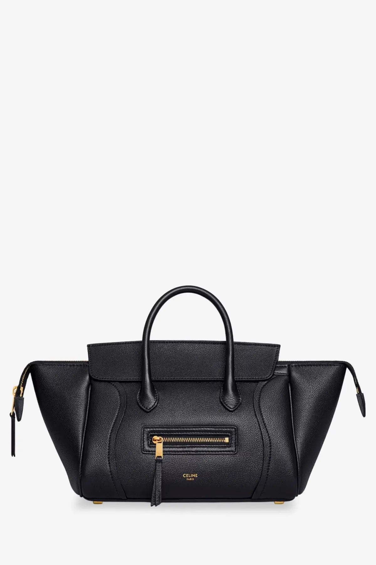 Black Celine classic small tote in textured leather with gold-tone hardware and top handles for women