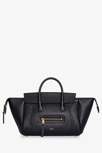 Black Celine classic small tote in textured leather with gold-tone hardware and top handles for women
