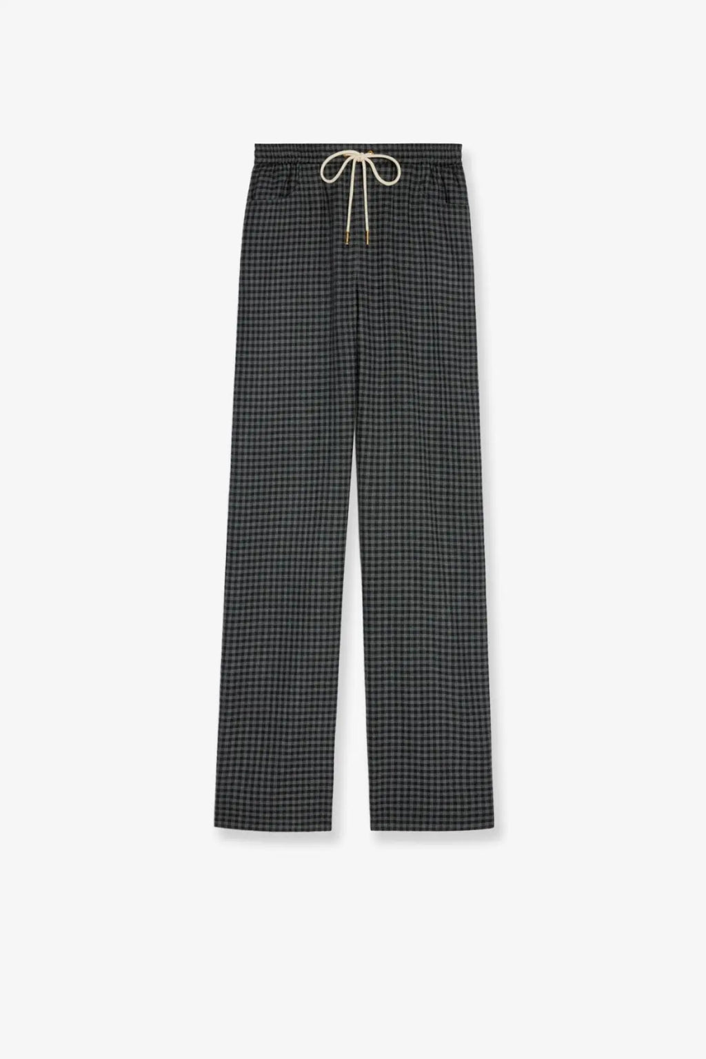 Celine women’s black checkered wool and cashmere wide-leg jogger trousers with a drawstring waistband