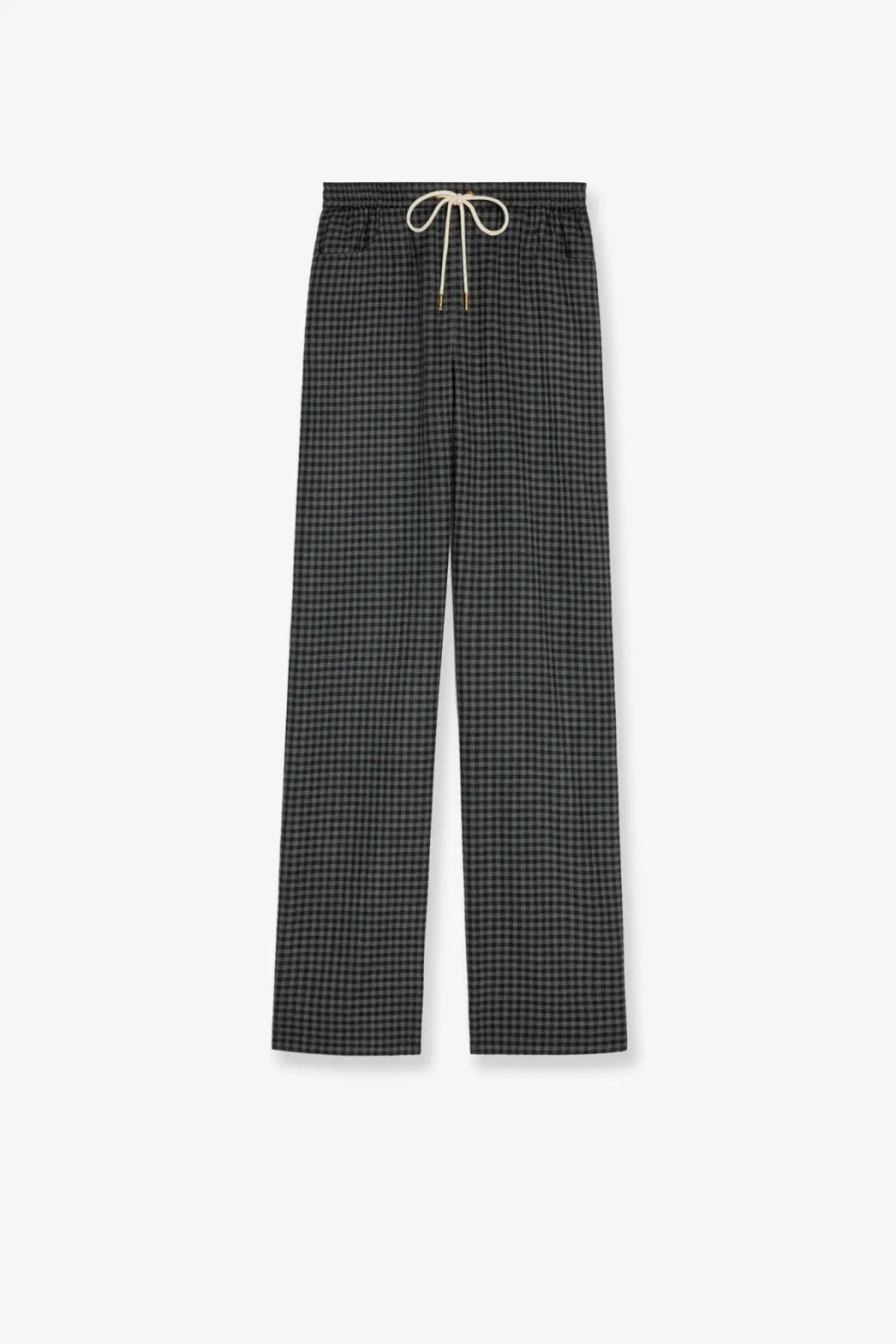 Celine women’s black checkered wool and cashmere wide-leg jogger trousers with a drawstring waistband