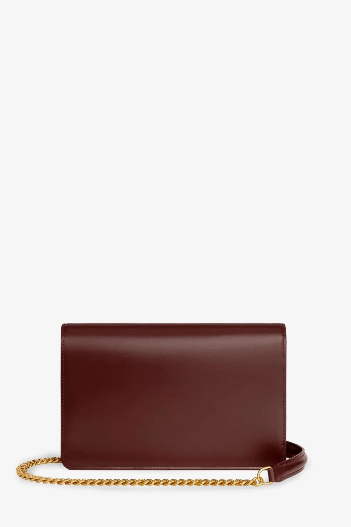 Celine women’s Margo leather crossbody bag in burgundy with gold-tone chain strap for stylish carrying