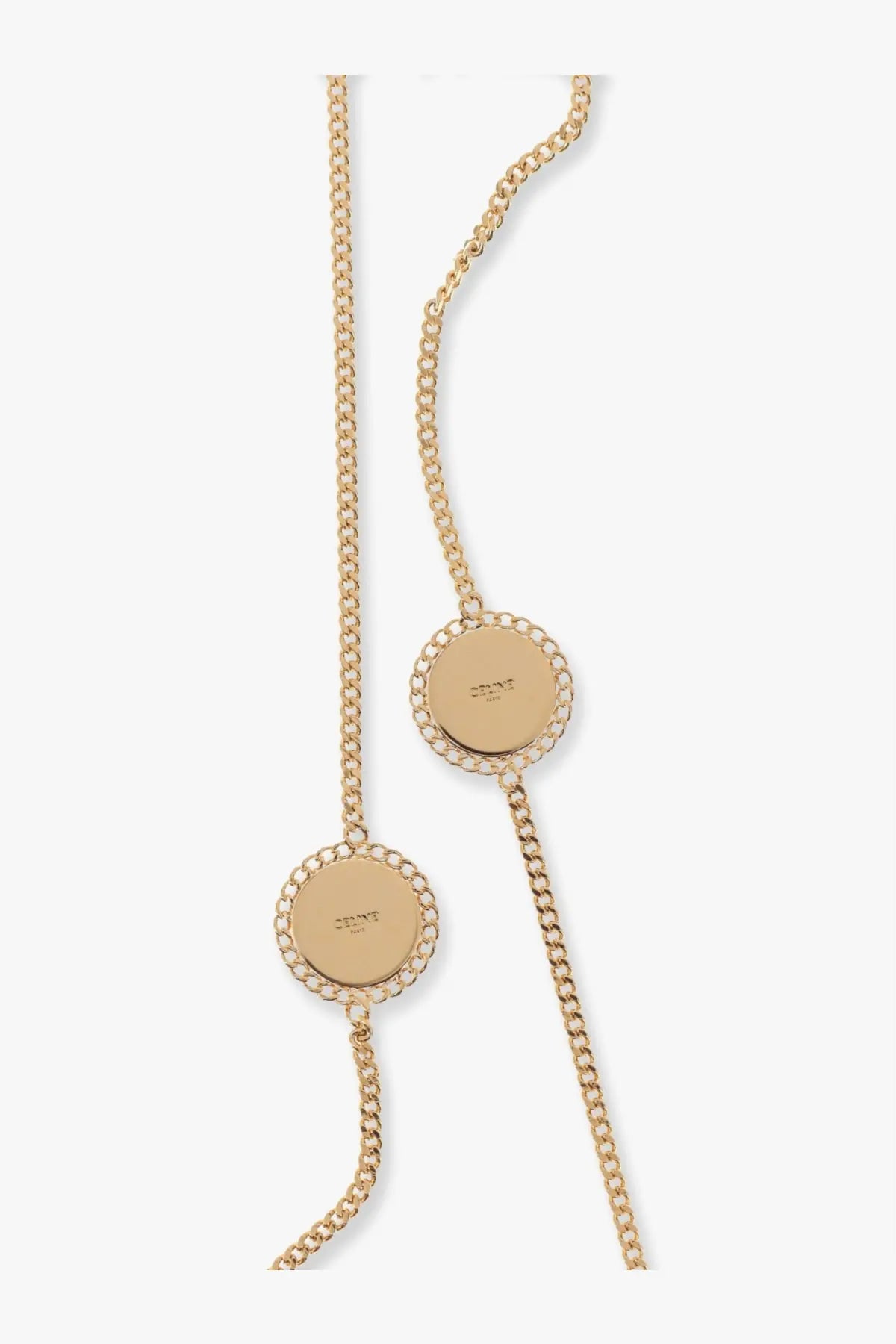Gold-toned celine women’s medaille sautoir metal necklace with two pearl-encircled circular pendants engraved with celine