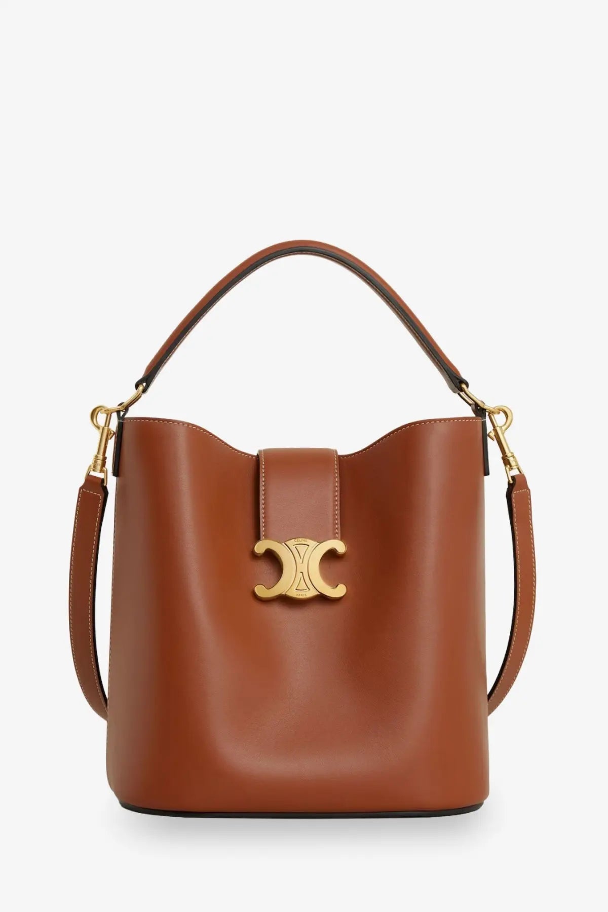 Celine women’s medium beige leather bucket bag with gold-tone cc logo clasp and matching handles