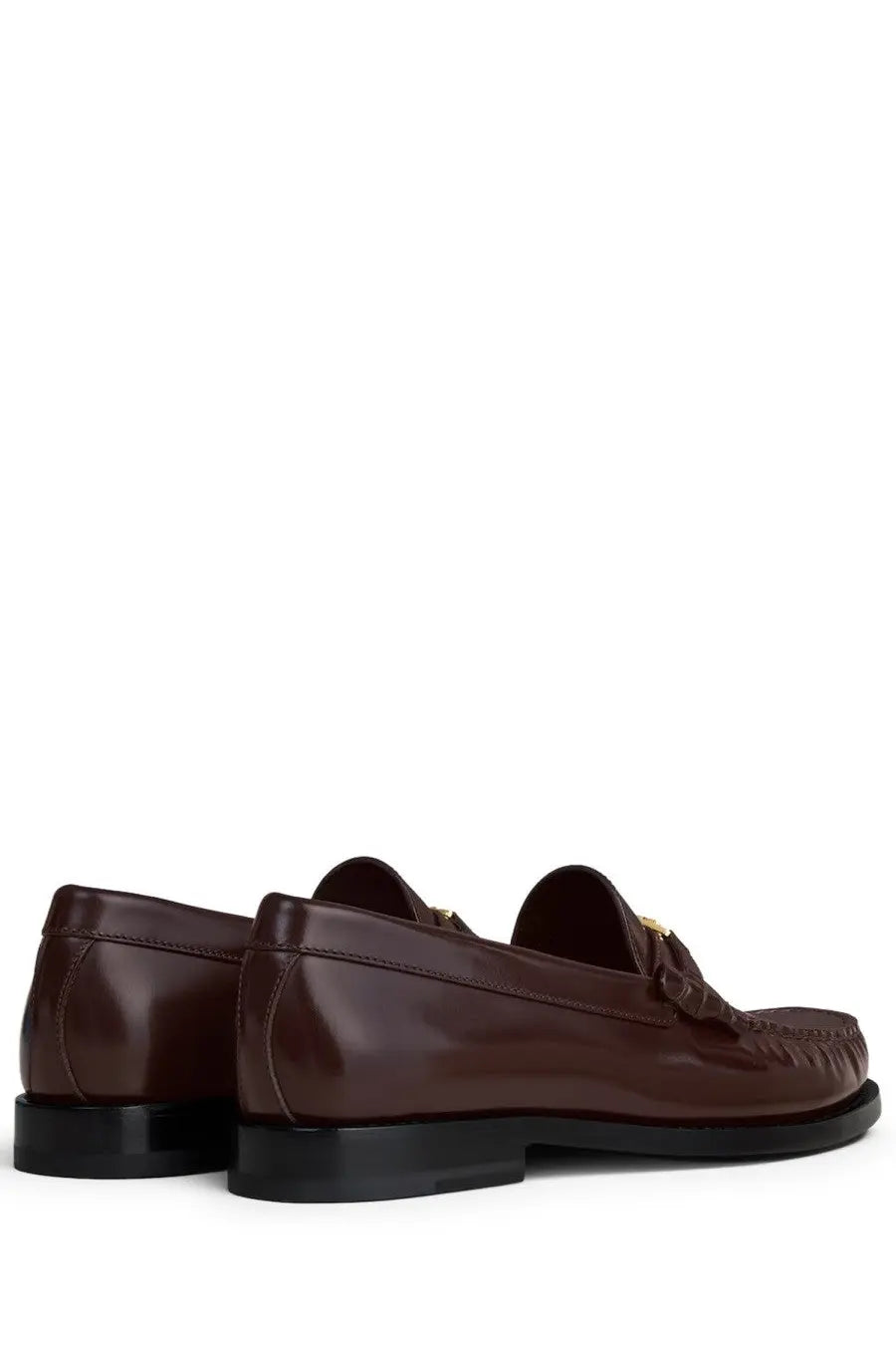 Celine women’s moccasin triomphe luco brown brown leather loafers with glossy finish and gold tone metal accents