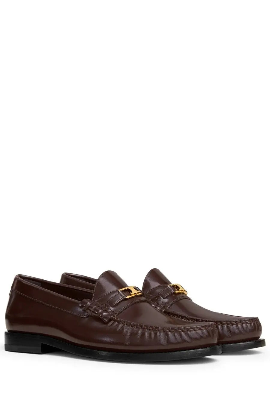 Celine women’s moccasin brown leather loafers with gold tone metal buckle for stylish casual wear