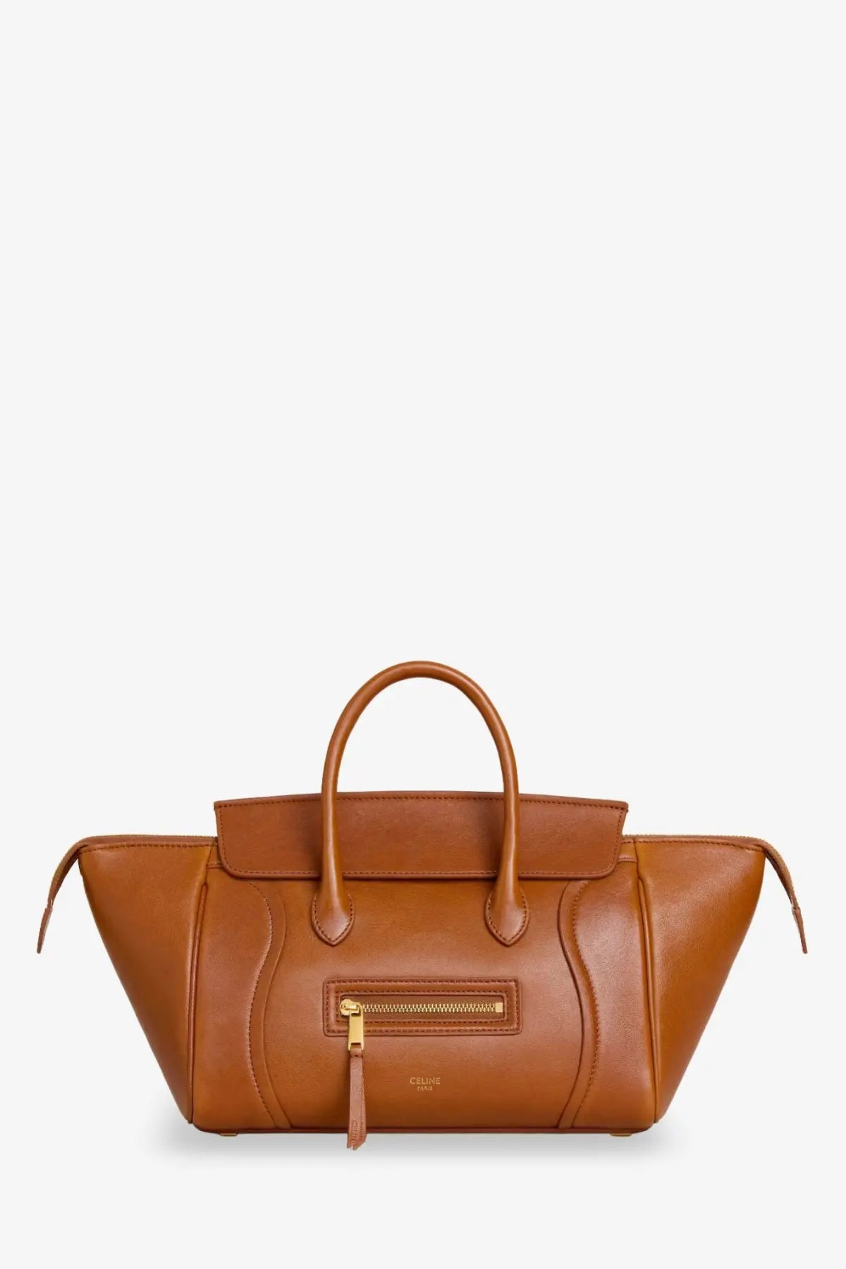 Celine women’s cognac leather tote bag with gold-tone hardware and front zip pocket for stylish carrying