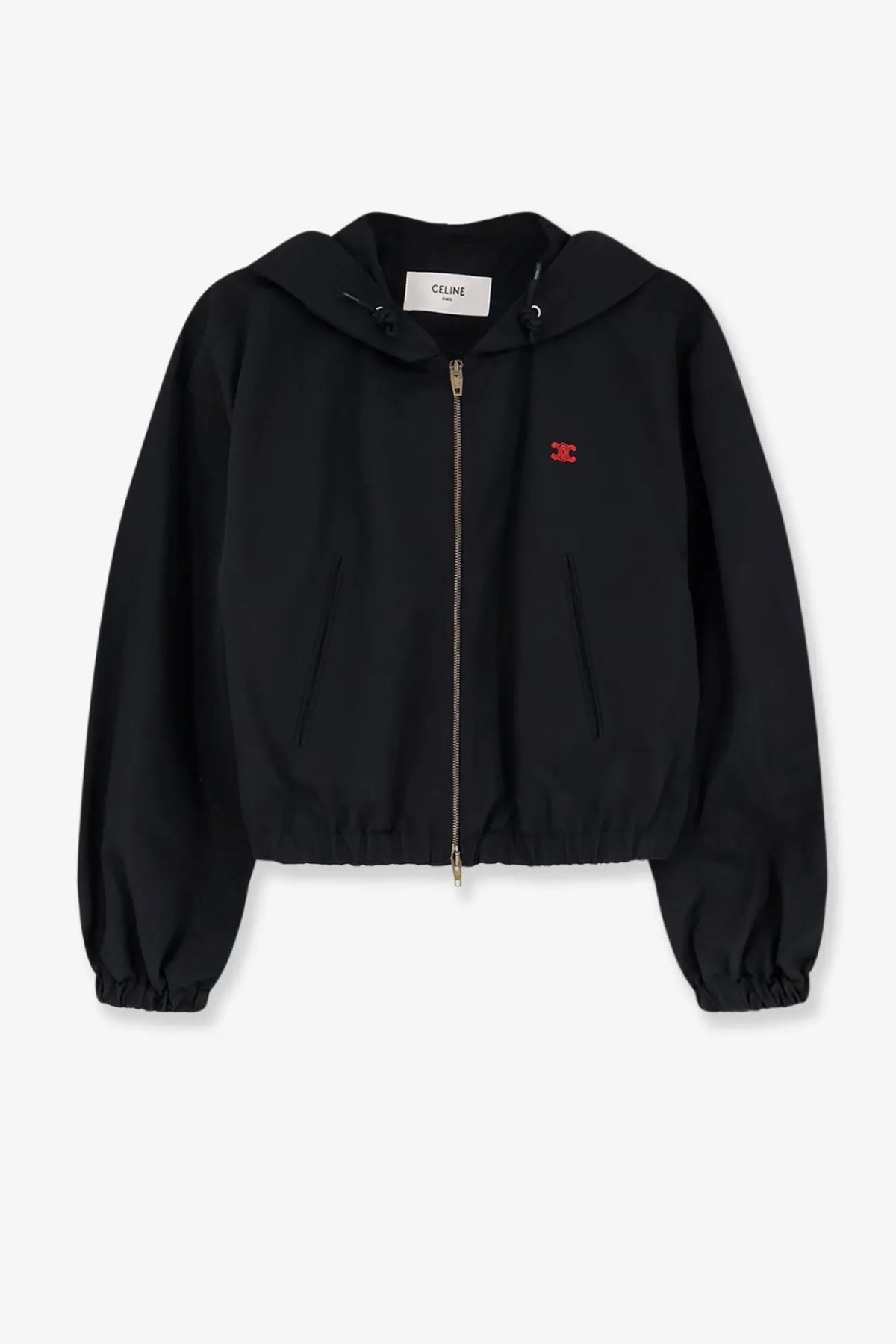 Black celine womens nylon and cotton windbreaker jacket with cropped hoodie red embroidered logo and gold zipper