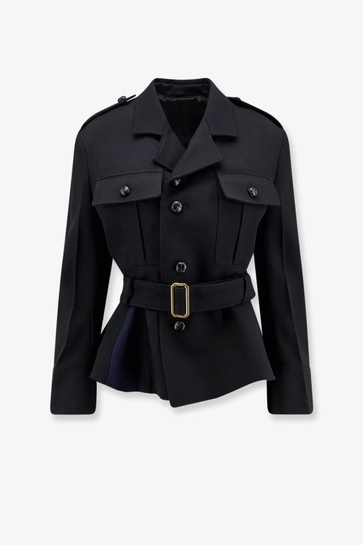 Celine women’s black peplum wool jacket with gold-toned belt buckle and matching buttons for stylish wear