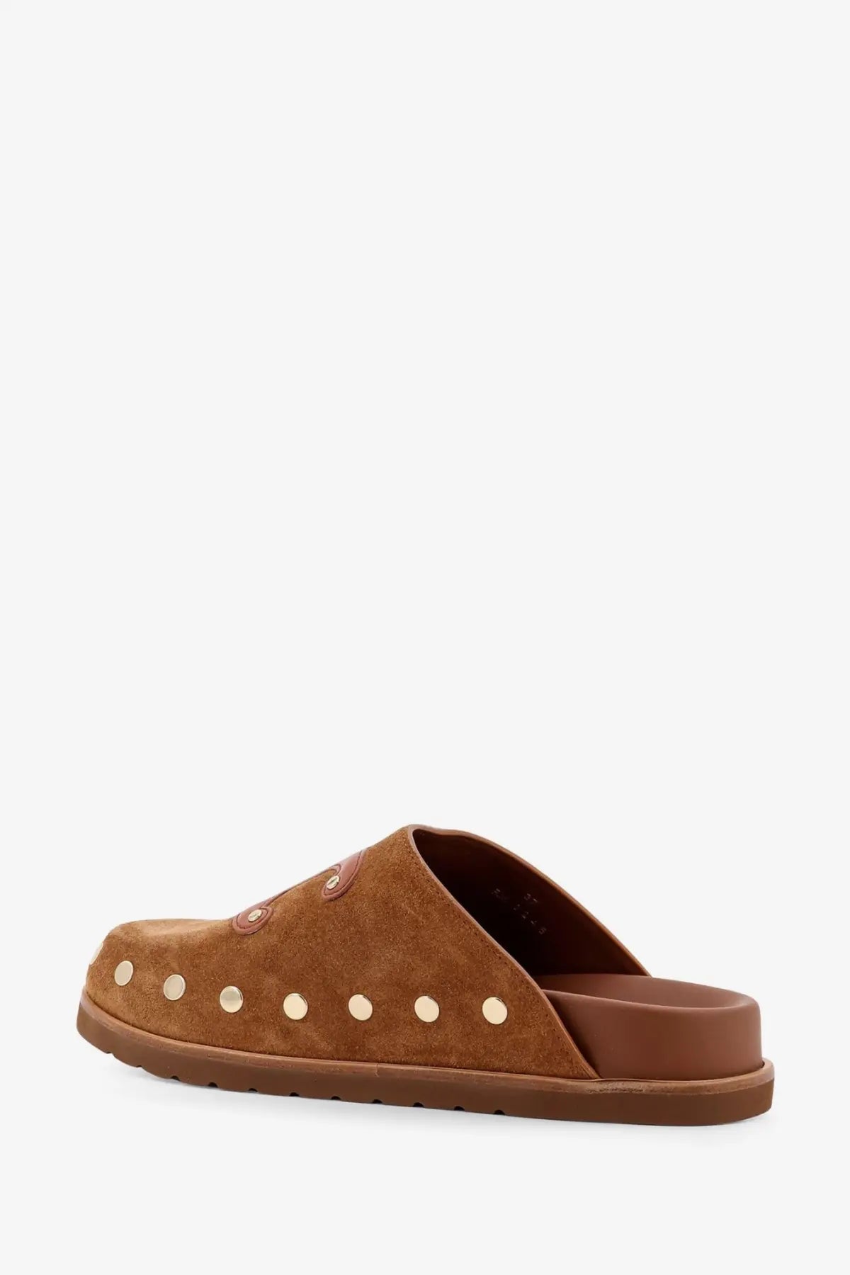 Celine women’s pitea brown suede mule slip-on sandal with gold-tone circular studs along the toe