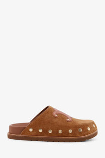 Celine women’s pitea brown suede mule slip-on sandals with tan leather logo and gold-tone studs along the toe