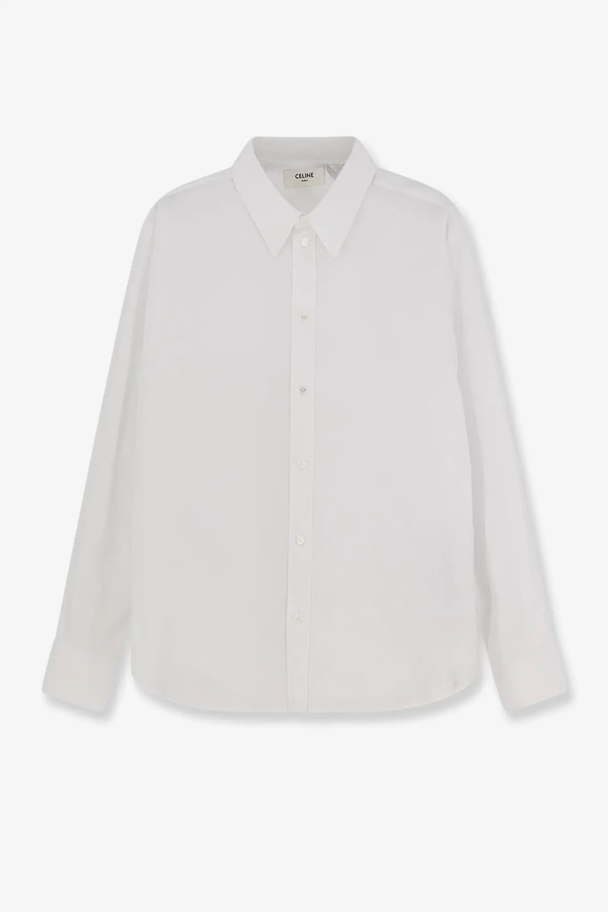 A crisp white celine women’s relaxed cotton shirt with a classic collar and long sleeves