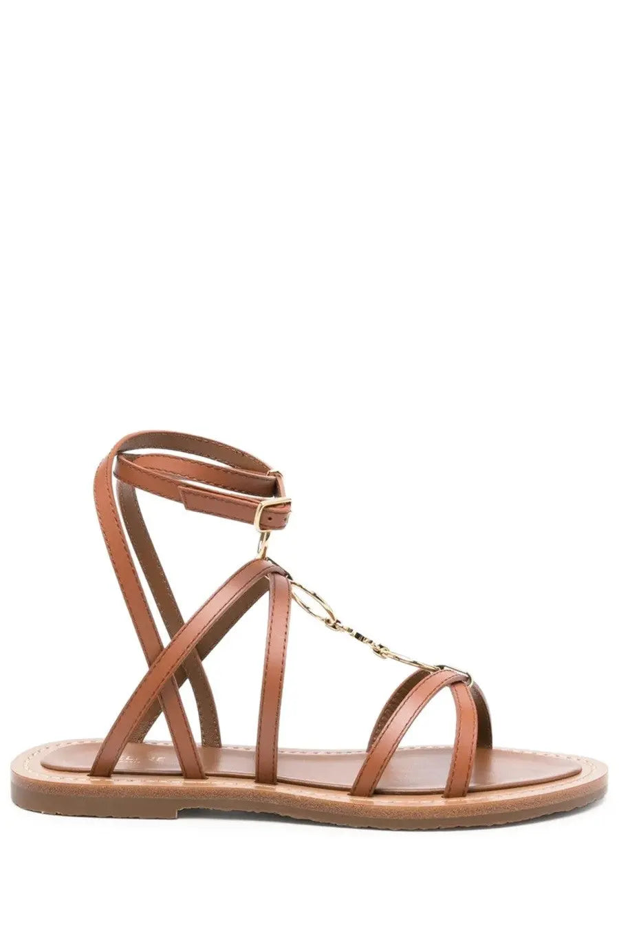 Celine women’s sandal lympia brown tan leather strappy sandal with gold-tone metal accents and minimalist design