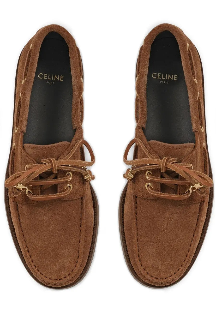 Celine women’s bateau beige brown suede boat shoes with tan laces and gold tone metal eyelets