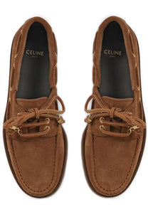 Celine women’s bateau beige brown suede boat shoes with tan laces and gold tone metal eyelets