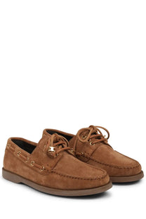 Celine women’s bateau beige brown suede boat shoes with tan laces and gold tone eyelets