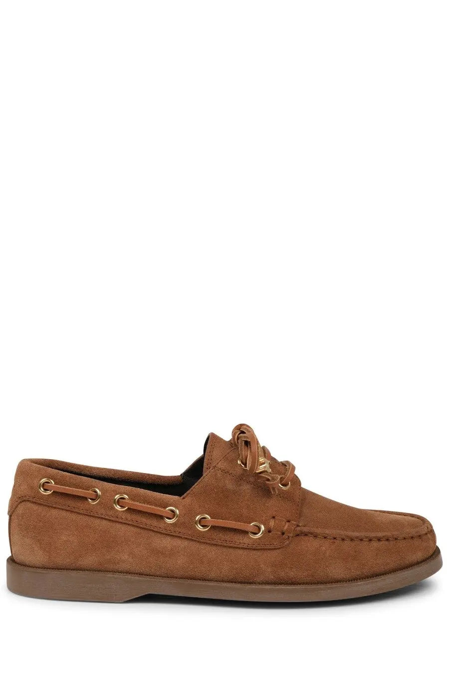 Celine women’s beige suede boat shoe with tan laces and gold-toned eyelets for casual wear