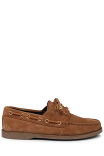 Celine women’s beige suede boat shoe with tan laces and gold-toned eyelets for casual wear