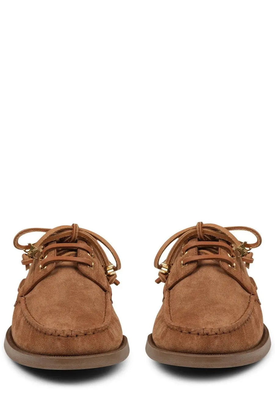 Celine women’s bateau beige tan suede boat shoes with brown laces and gold-tone eyelets for casual wear