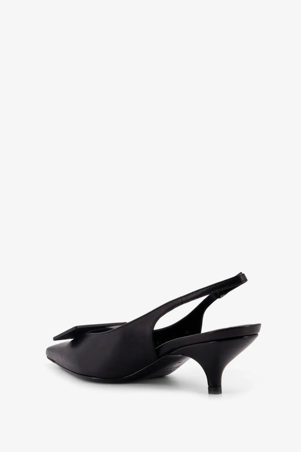 Celine women’s black patent leather slingback pumps with pointed toe and small bow detail at the front