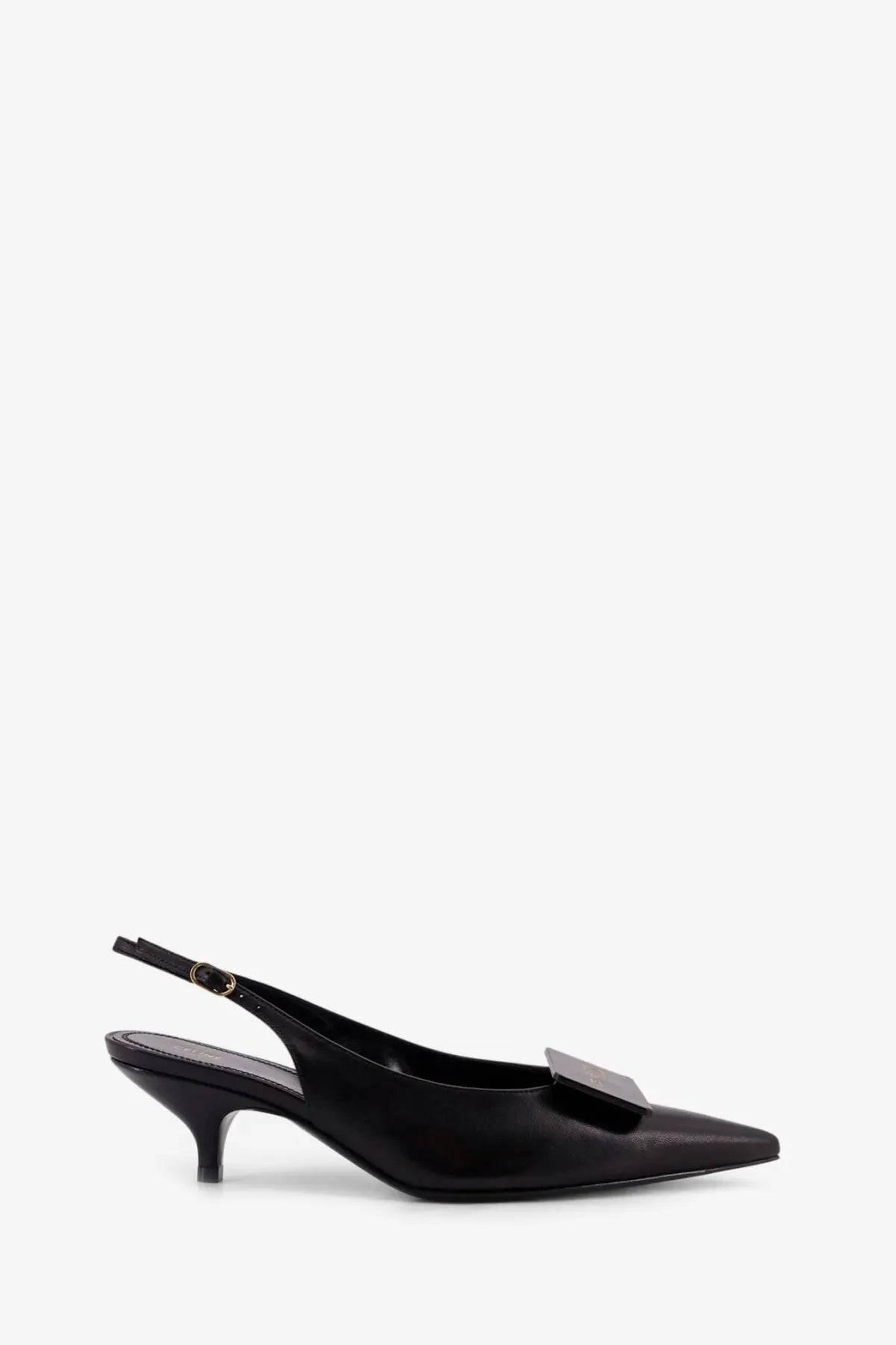 Celine women’s black patent leather slingback pump with sleek pointed toe and small gold-tone buckle