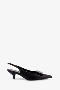 Celine women’s black patent leather slingback pump with sleek pointed toe and small gold-tone buckle