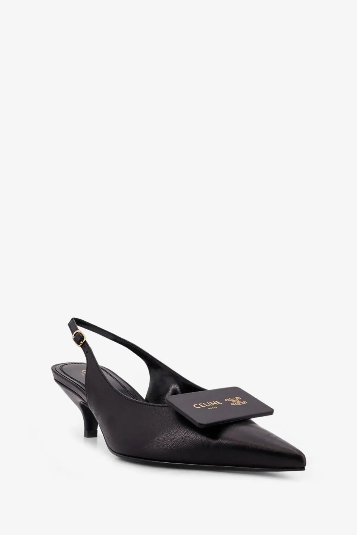 Black leather Celine women’s slingback pump with gold-tone buckle and rectangular logo plaque on the side