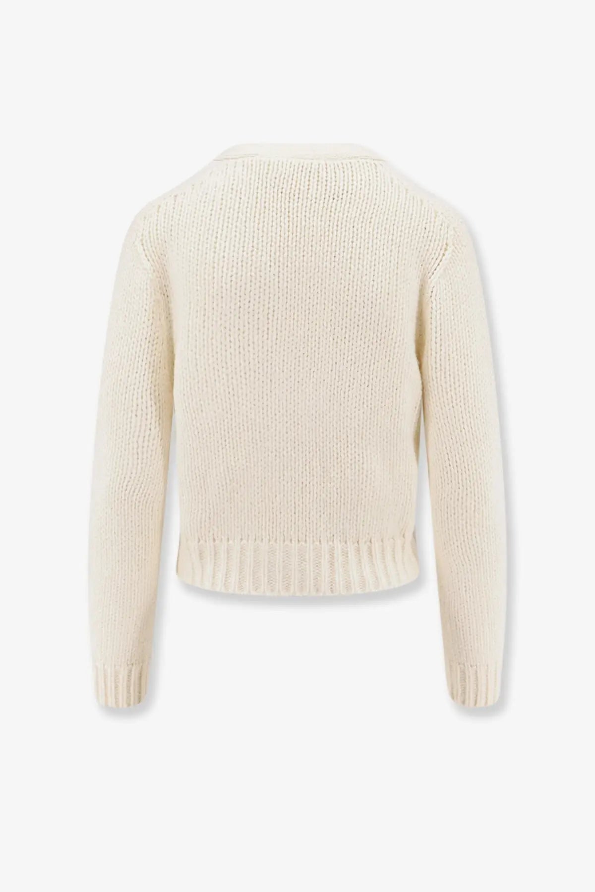 Celine women’s white silk and cashmere cardigan with a cream-colored ribbed knit and cozy textured pattern