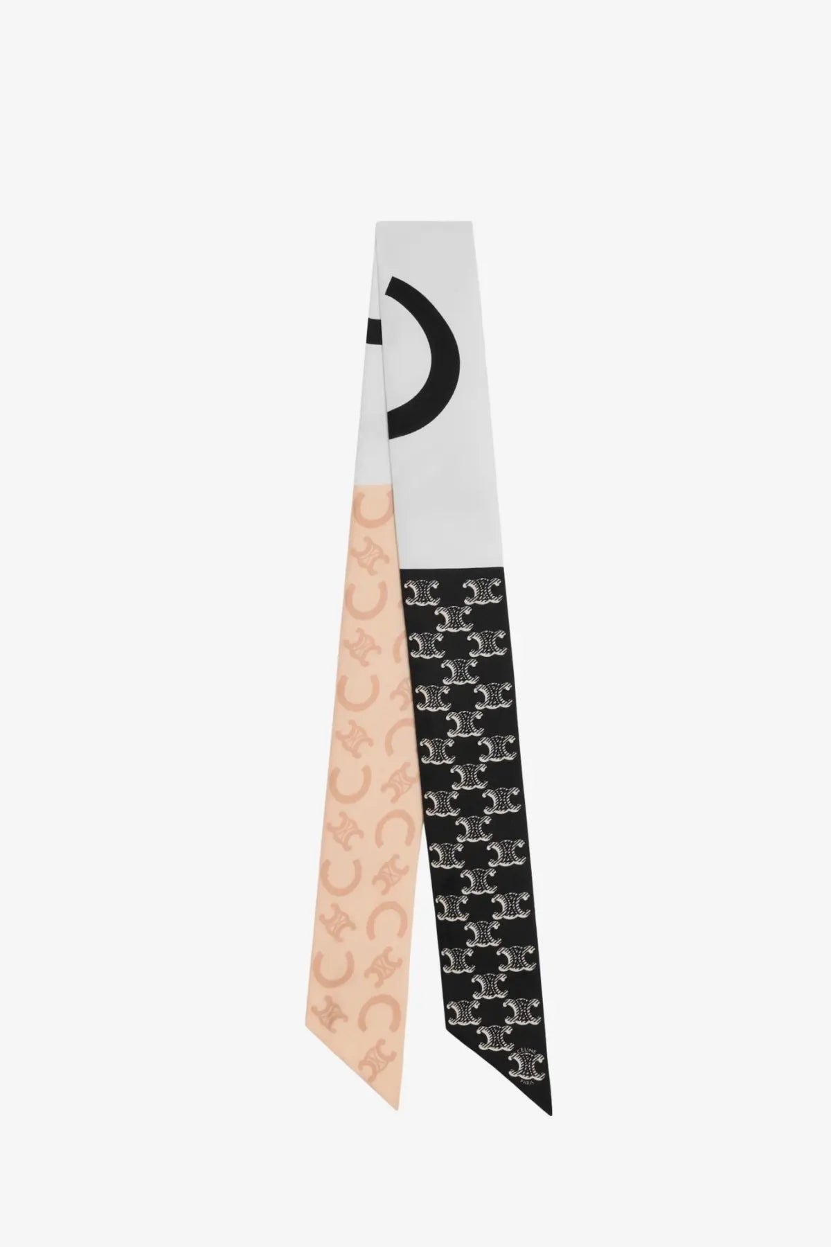 Celine women’s silk scarf in black featuring a beige white and black tri-color design with repeating logo motifs