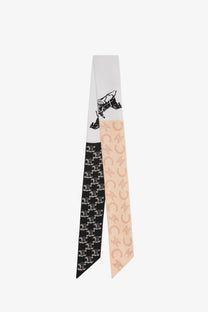 Celine women’s silk scarf black with white airplane print, silver monogram band, and peach interlocking c motifs