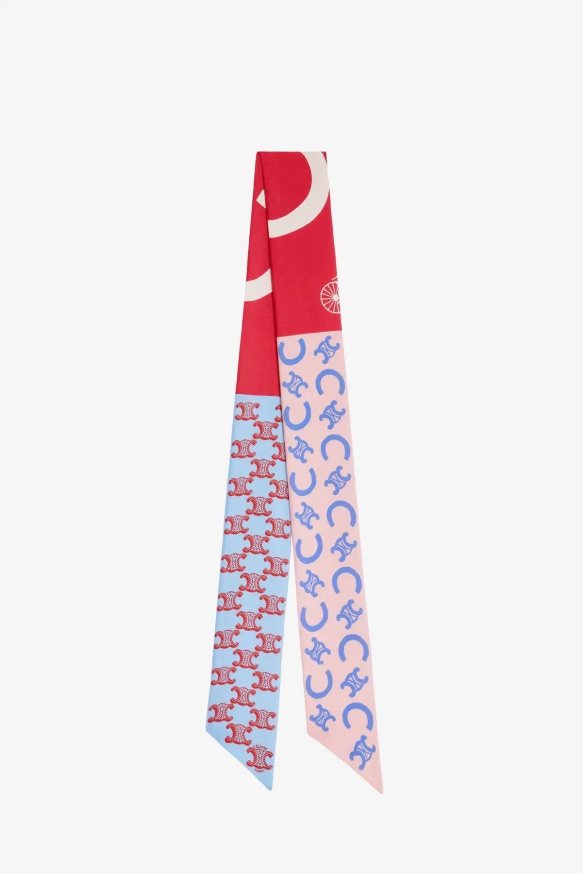Celine women’s silk scarf blue with vibrant red light blue and pink featuring a repeating celine logo pattern