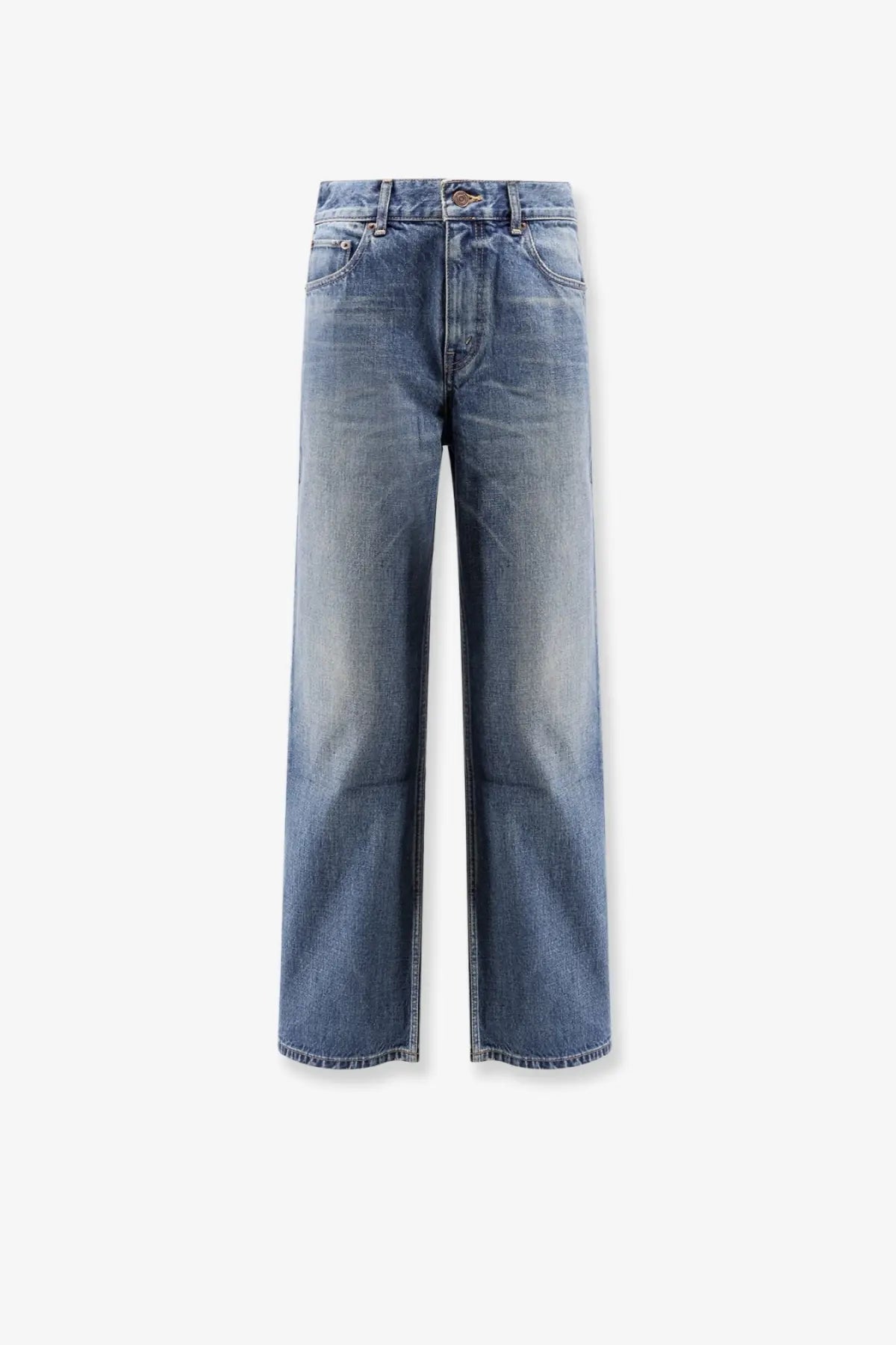 Celine women’s stone washed cotton high waisted wide leg denim jeans in faded medium blue with frayed hems