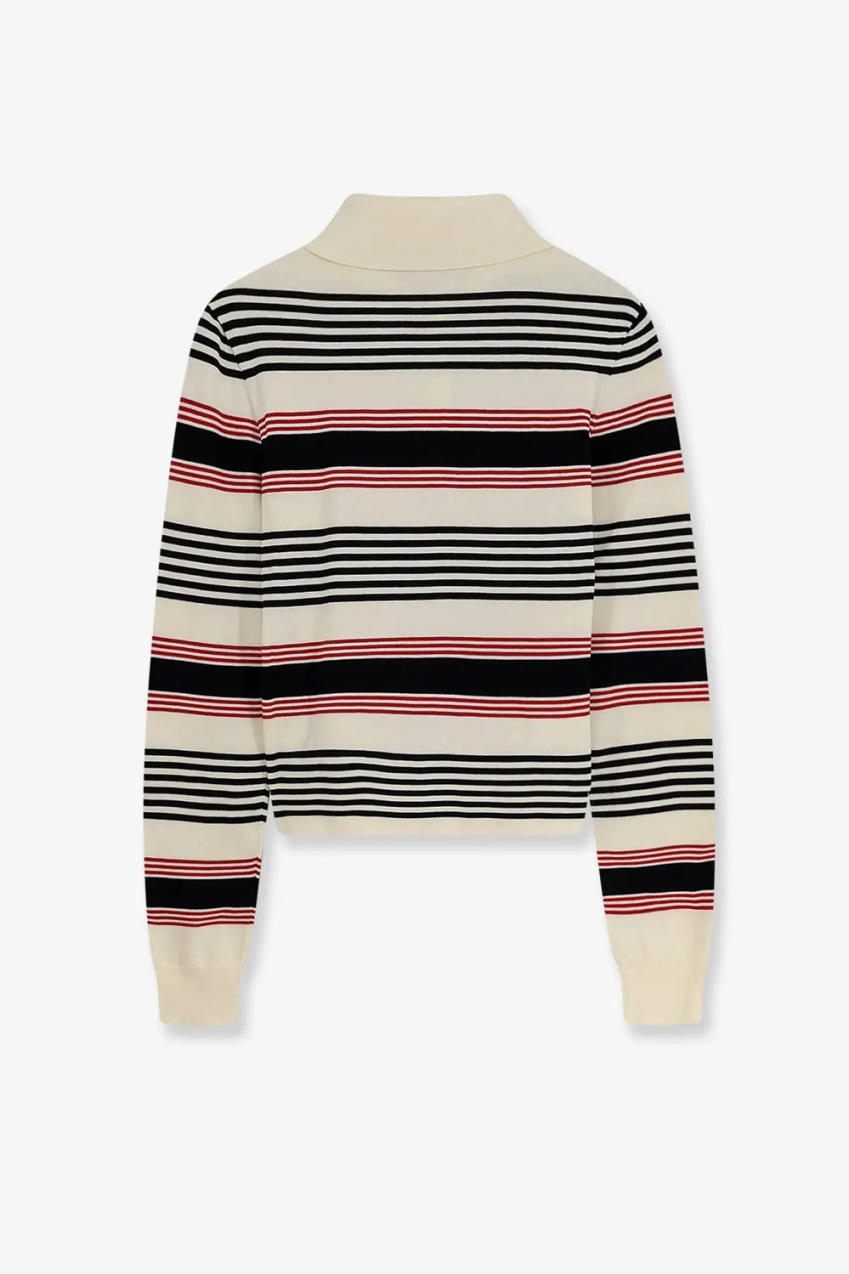 Celine women’s striped cotton polo sweater in cream with black red and off-white horizontal stripes and mock neck