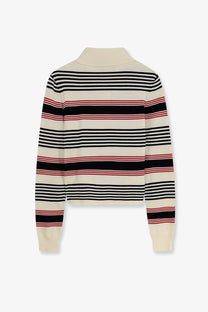 Celine women’s cream cotton polo sweater with long sleeves, mock neck, and black red off-white stripes