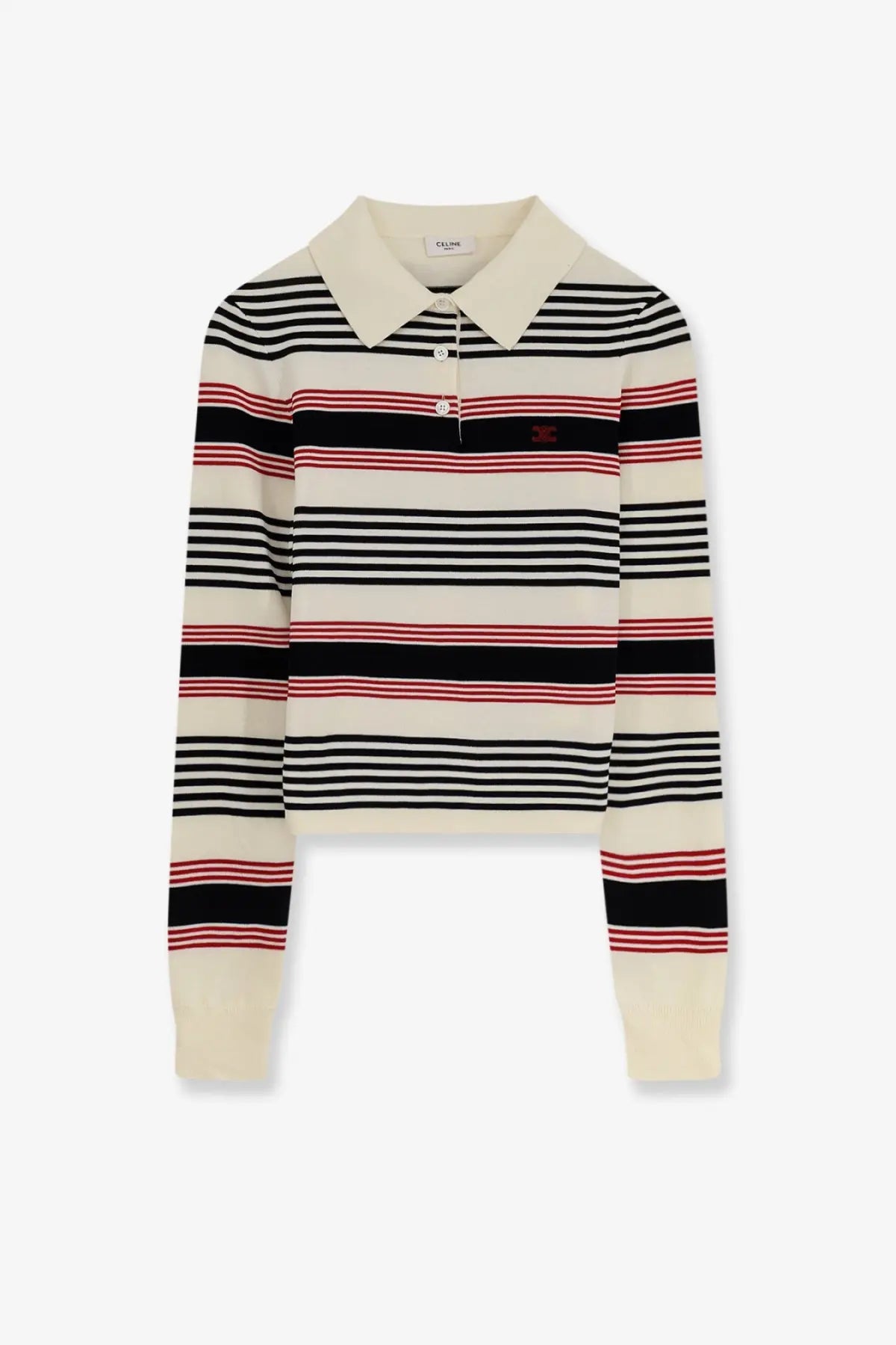 Celine women’s cream cotton polo sweater with black and red horizontal stripes and classic collar detail