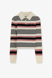 Celine women’s cream cotton polo shirt with black and red horizontal stripes and classic collar