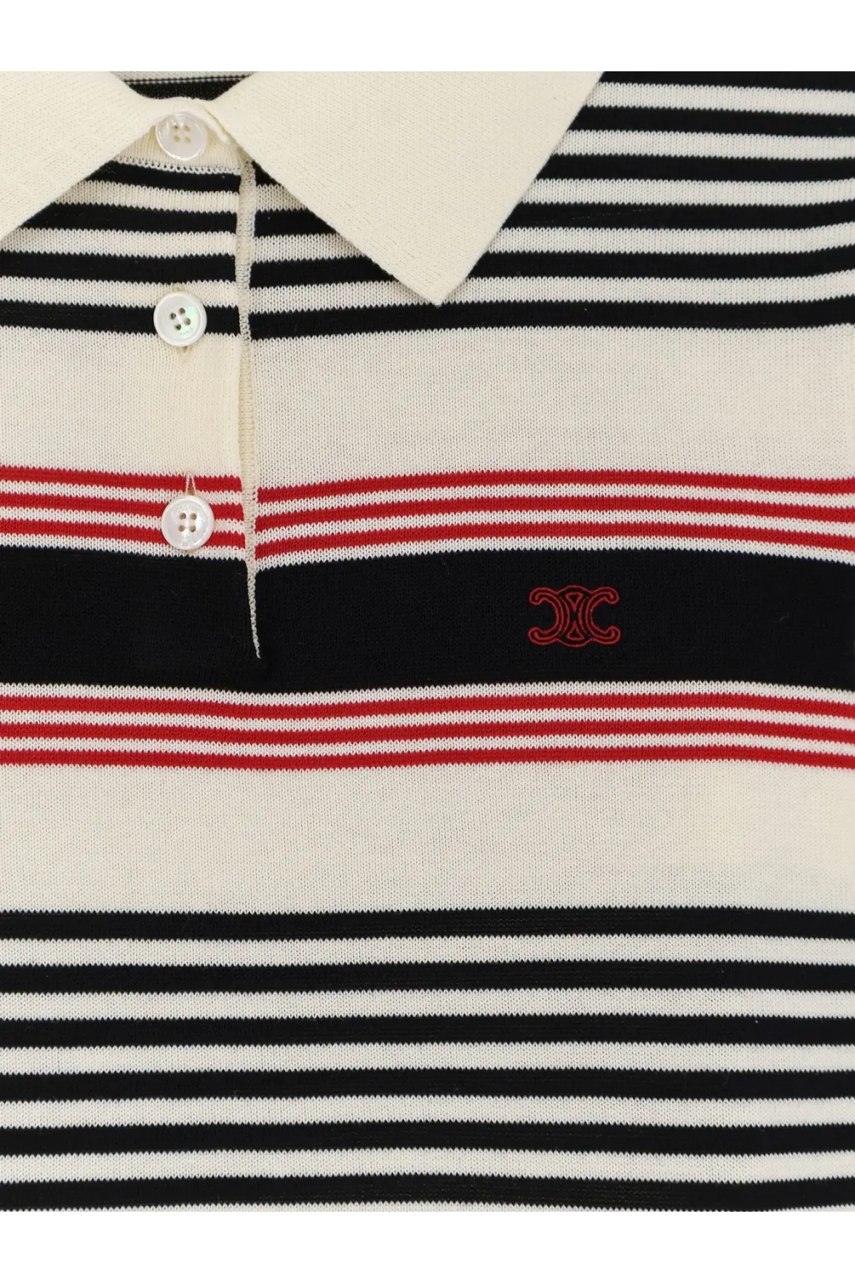 Celine women’s striped cotton polo sweater in black white and red with cream collar and white buttons